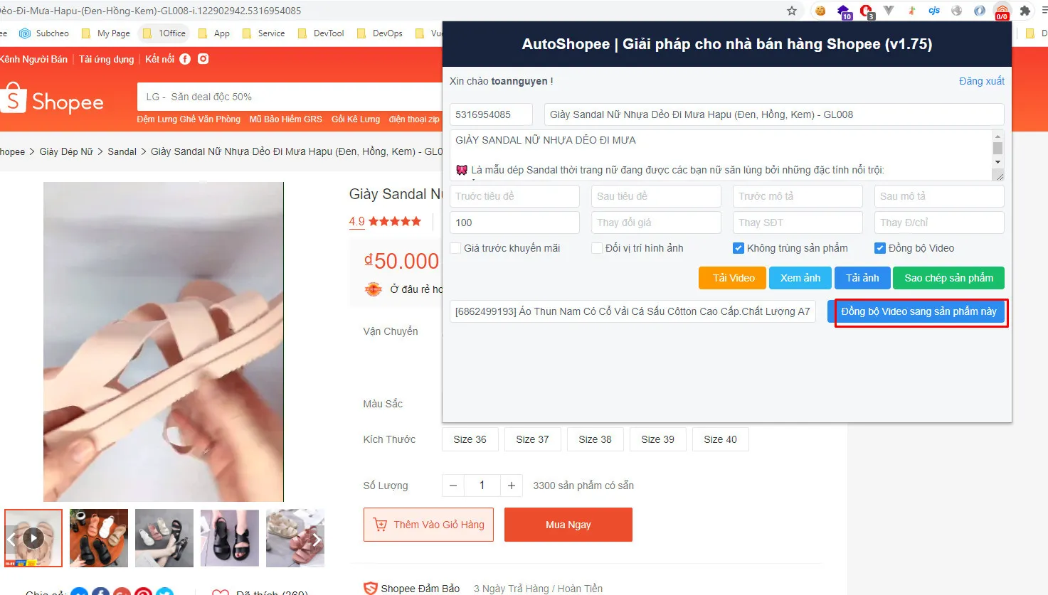 Nhấn nút Đồng bộ sản phẩm để gắn video vào sản phẩm Shopee của bạn