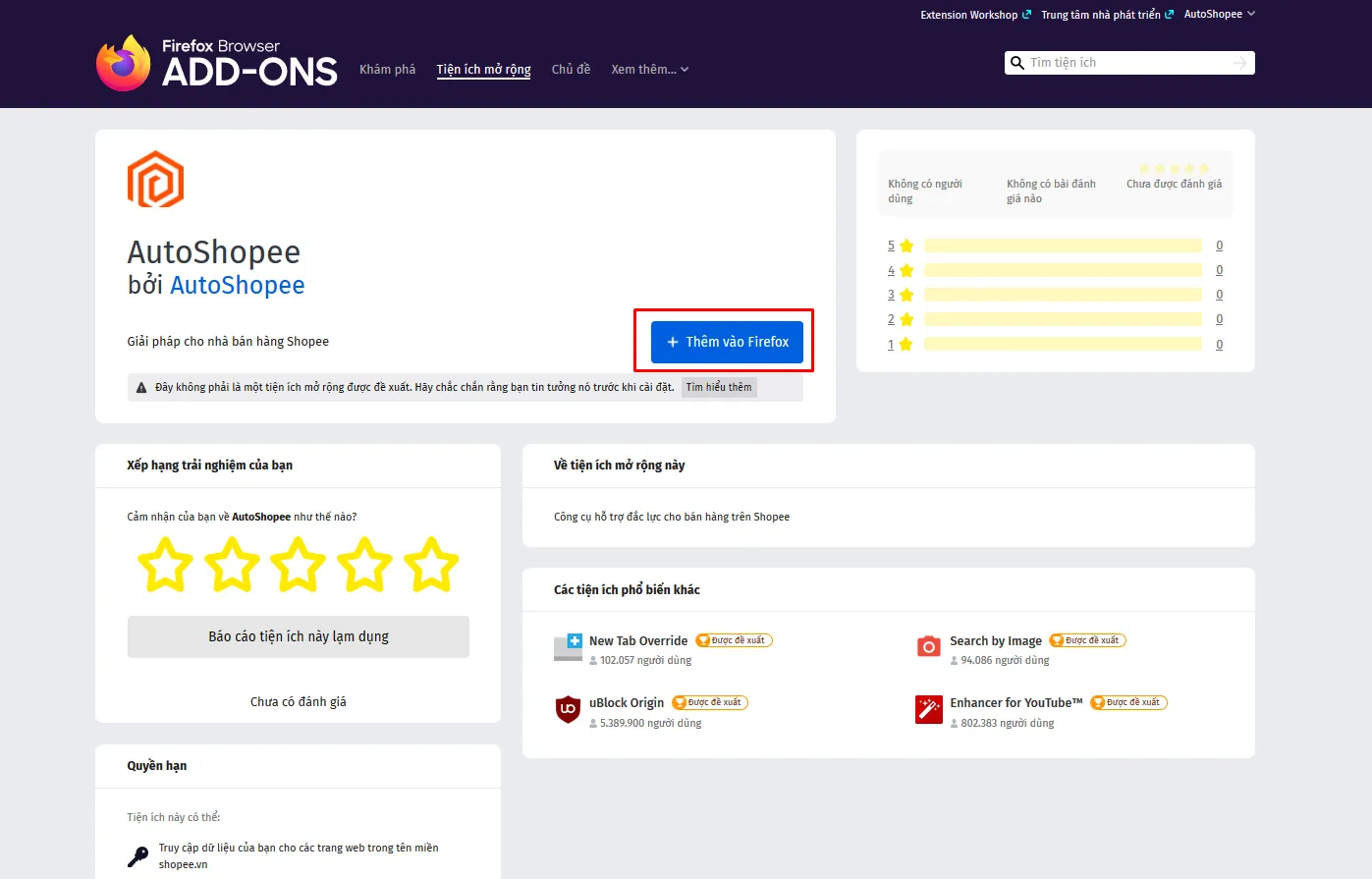 Nhấp vào nút Thêm vào Firefox trên trang tiện ích Mozilla Add-ons