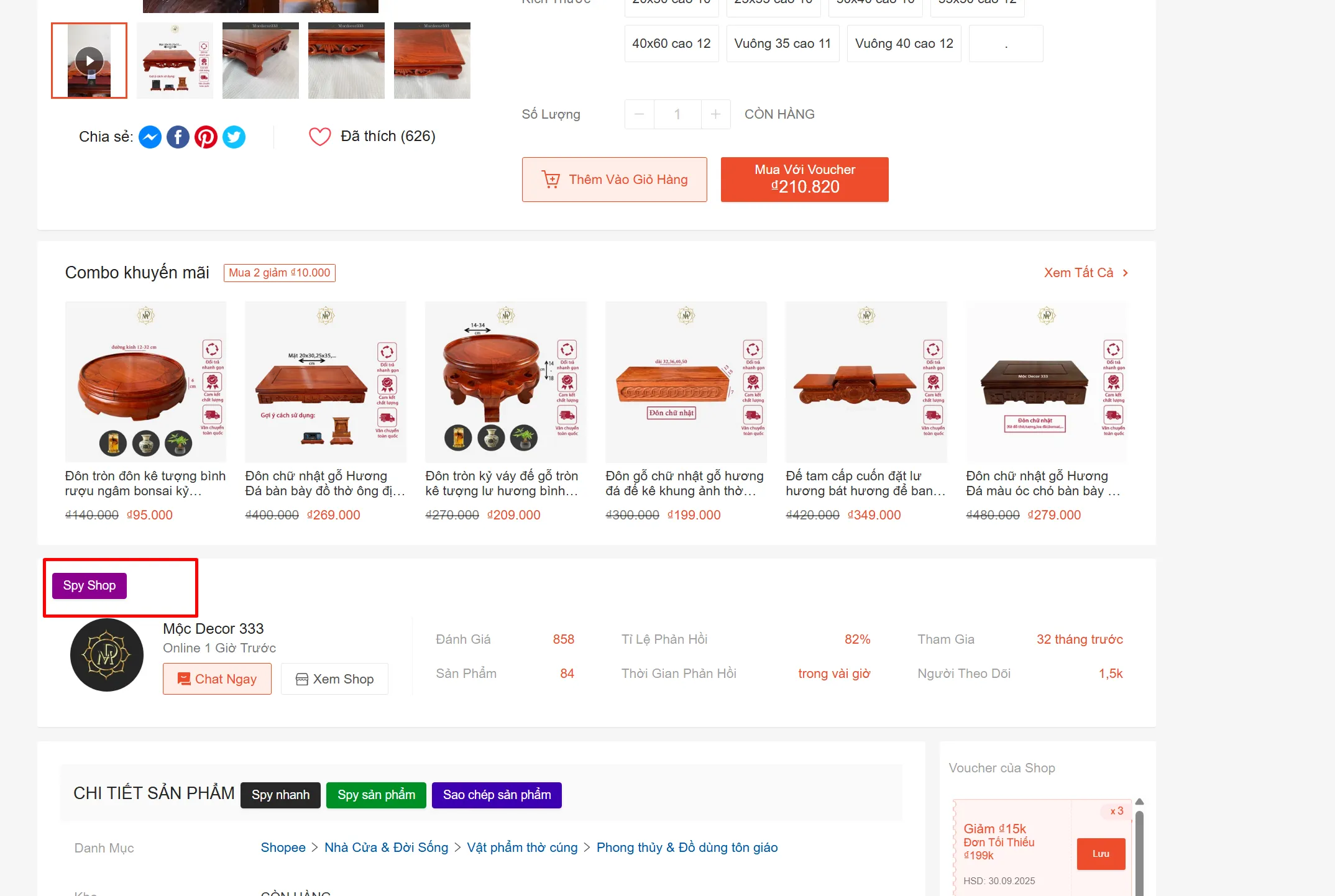Nút Spy Shop hiển thị trực tiếp bên cạnh thông tin gian hàng người bán trên Shopee