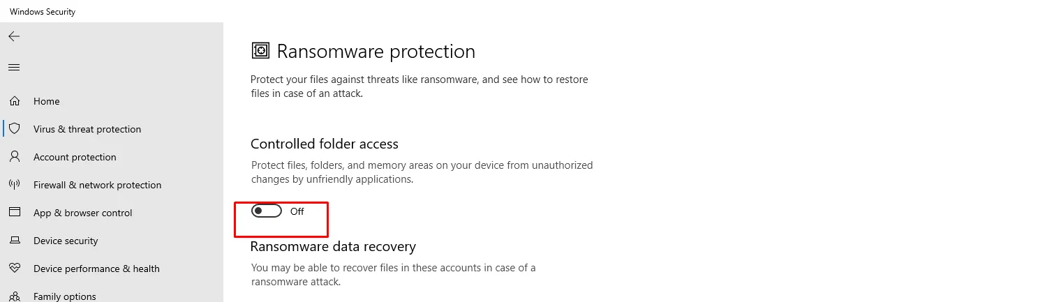 Chuyển công tắc Controlled folder access sang trạng thái Off để cho phép tạo thư mục