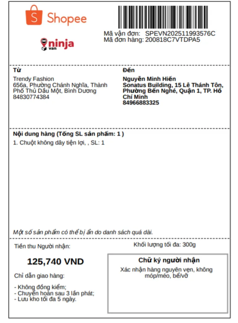 Mẫu đơn hàng PDF in kèm thông tin chi tiết sản phẩm để đóng gói