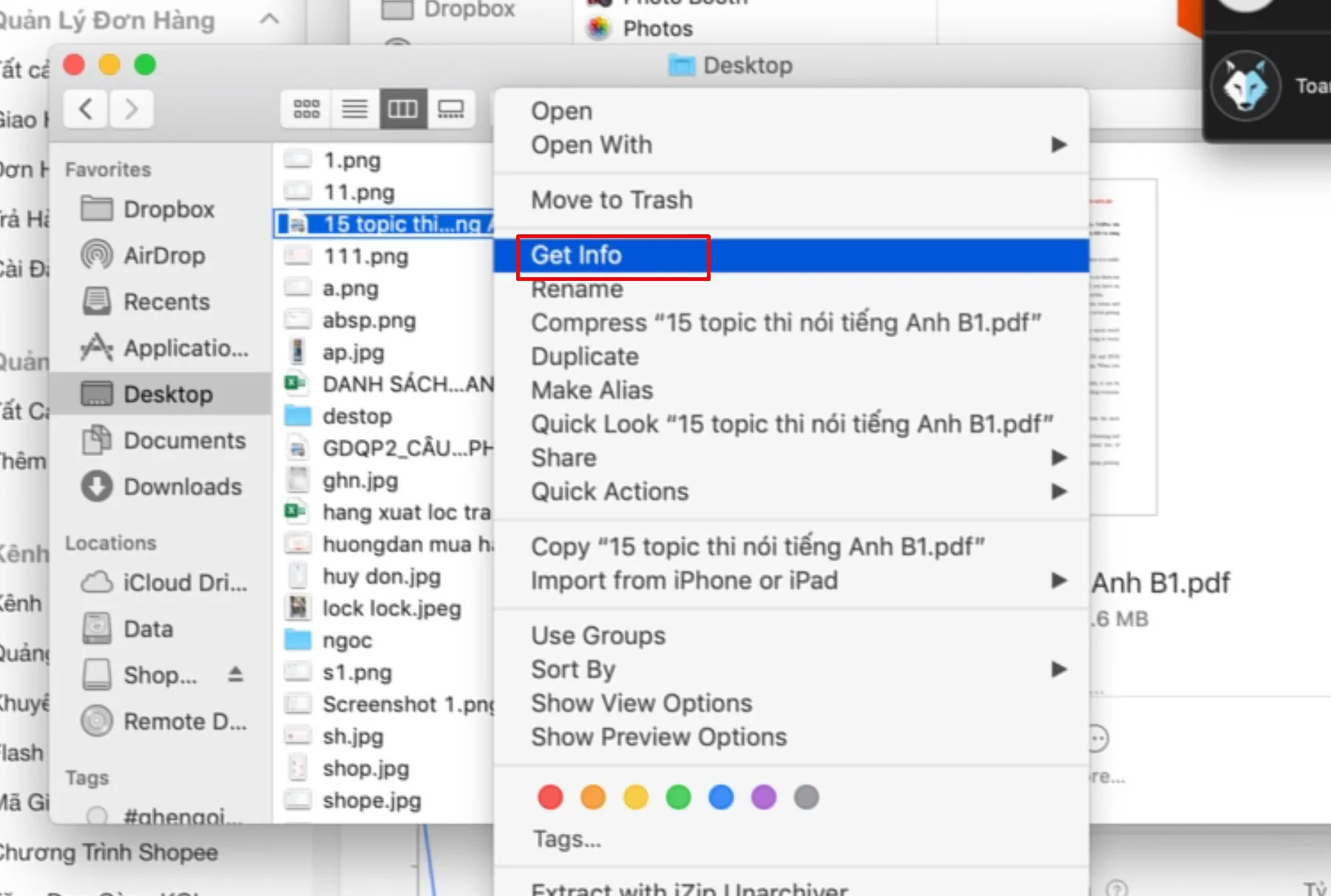 Nhấp chuột phải vào file PDF chọn Get Info trên macOS