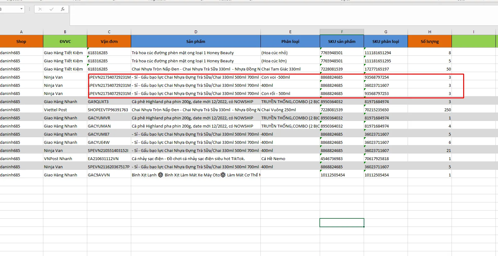 Bảng Excel danh sách sản phẩm phân theo từng đơn hàng đóng gói