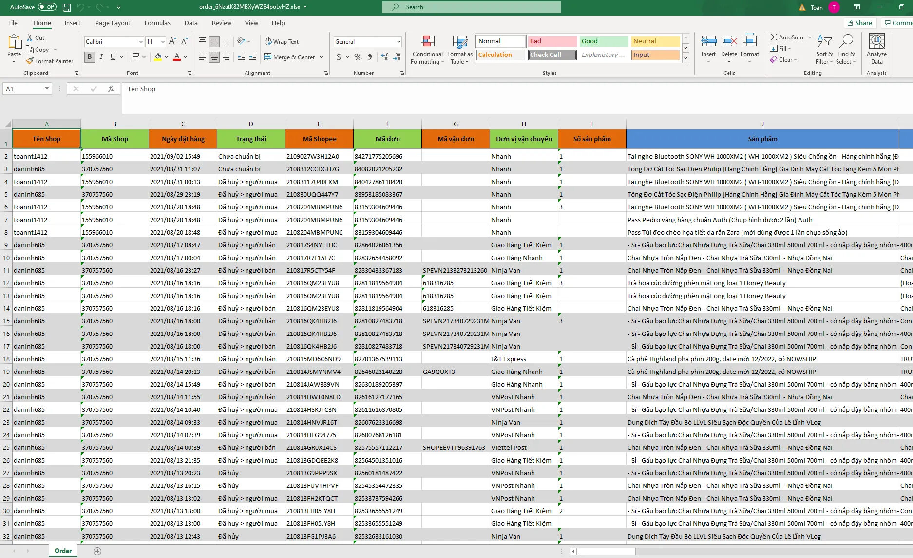 Bảng dữ liệu Excel đơn hàng chi tiết mã đơn, sản phẩm và doanh thu
