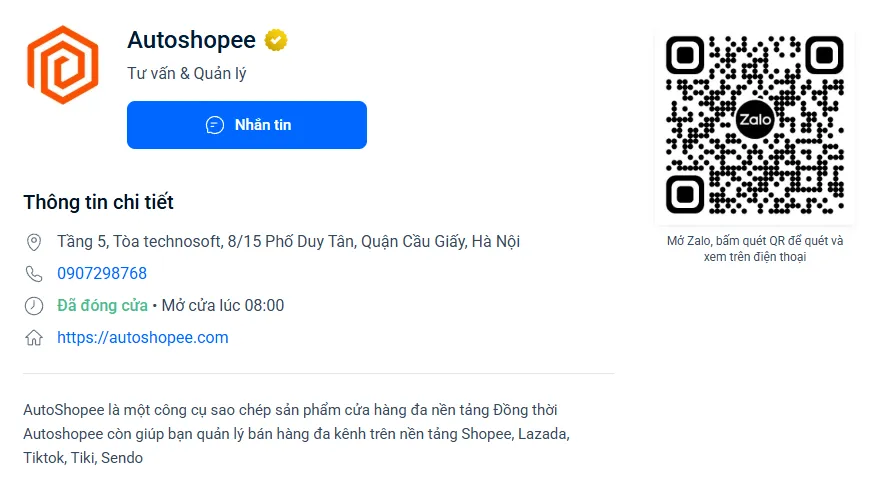 Thông tin Zalo Official Account AutoShopee và mã QR quét bằng điện thoại