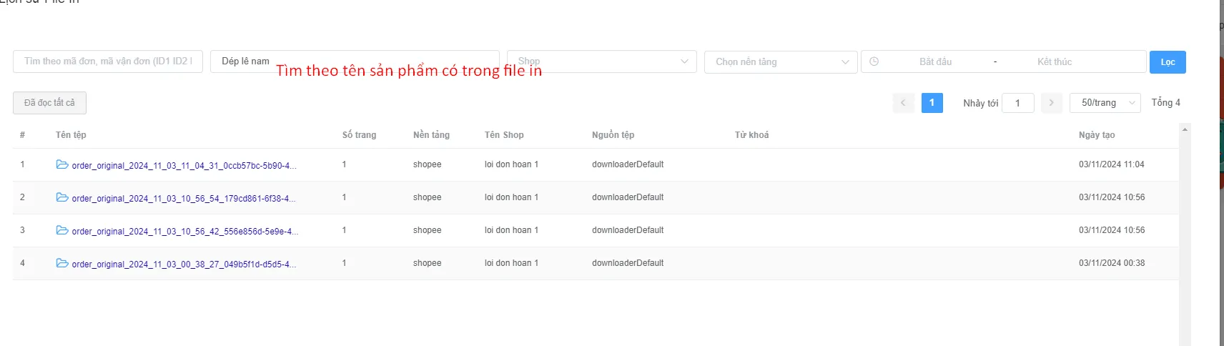Kết quả tìm kiếm file in theo tên sản phẩm bên trong đơn