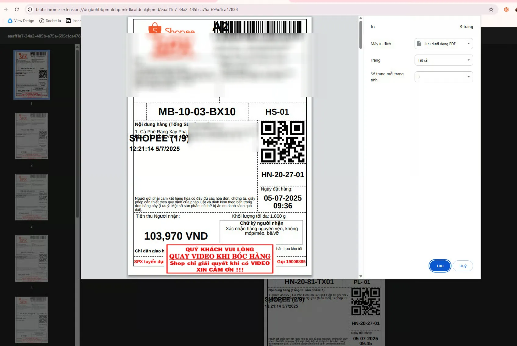 Kết quả phiếu in Shopee kèm con dấu ghi chú và thông tin phiên in hoàn chỉnh