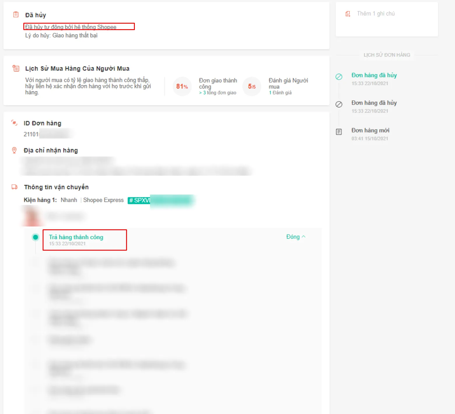 Chi tiết đơn hàng Shopee bị huỷ kèm trạng thái giao hàng thất bại