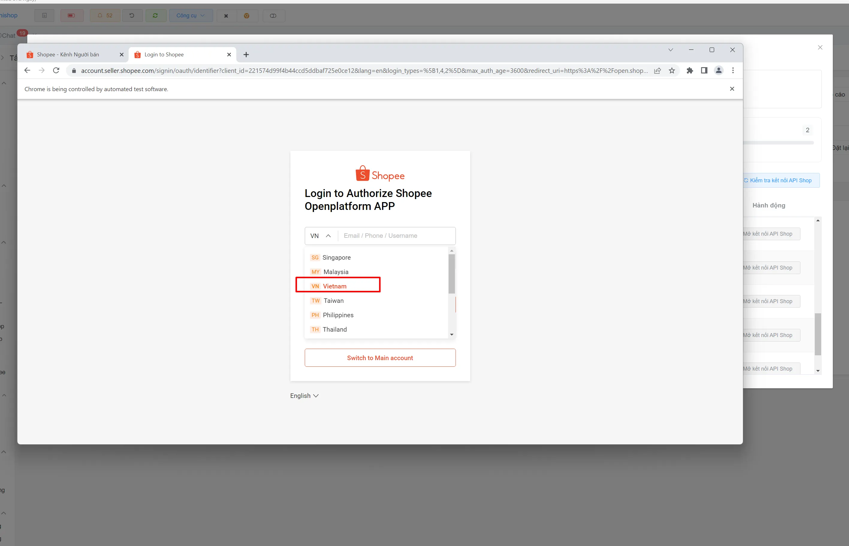 Màn hình đăng nhập Shopee Open Platform chọn quốc gia Việt Nam