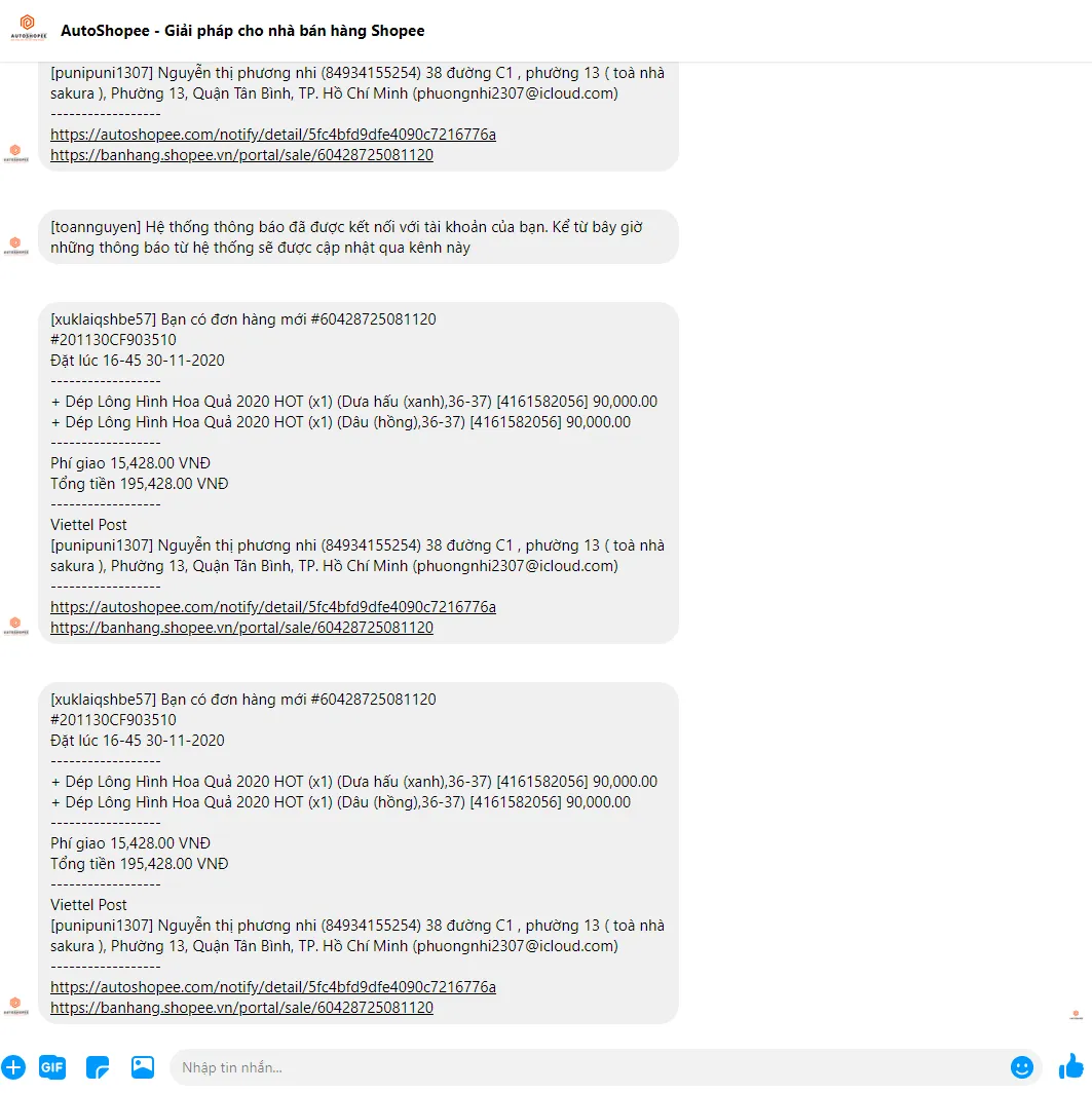 Tin nhắn thông báo đơn hàng mới gửi về Messenger chi tiết mã đơn và sản phẩm
