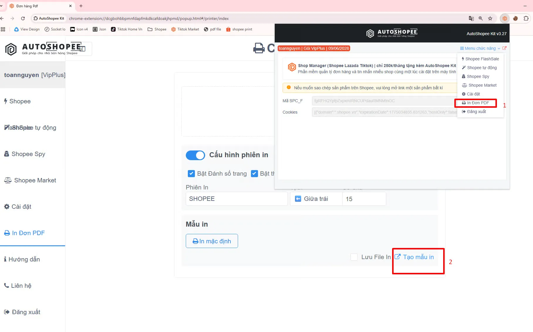 Mở Menu chức năng chọn In Đơn PDF và bấm Tạo mẫu in trên AutoShopee Kit