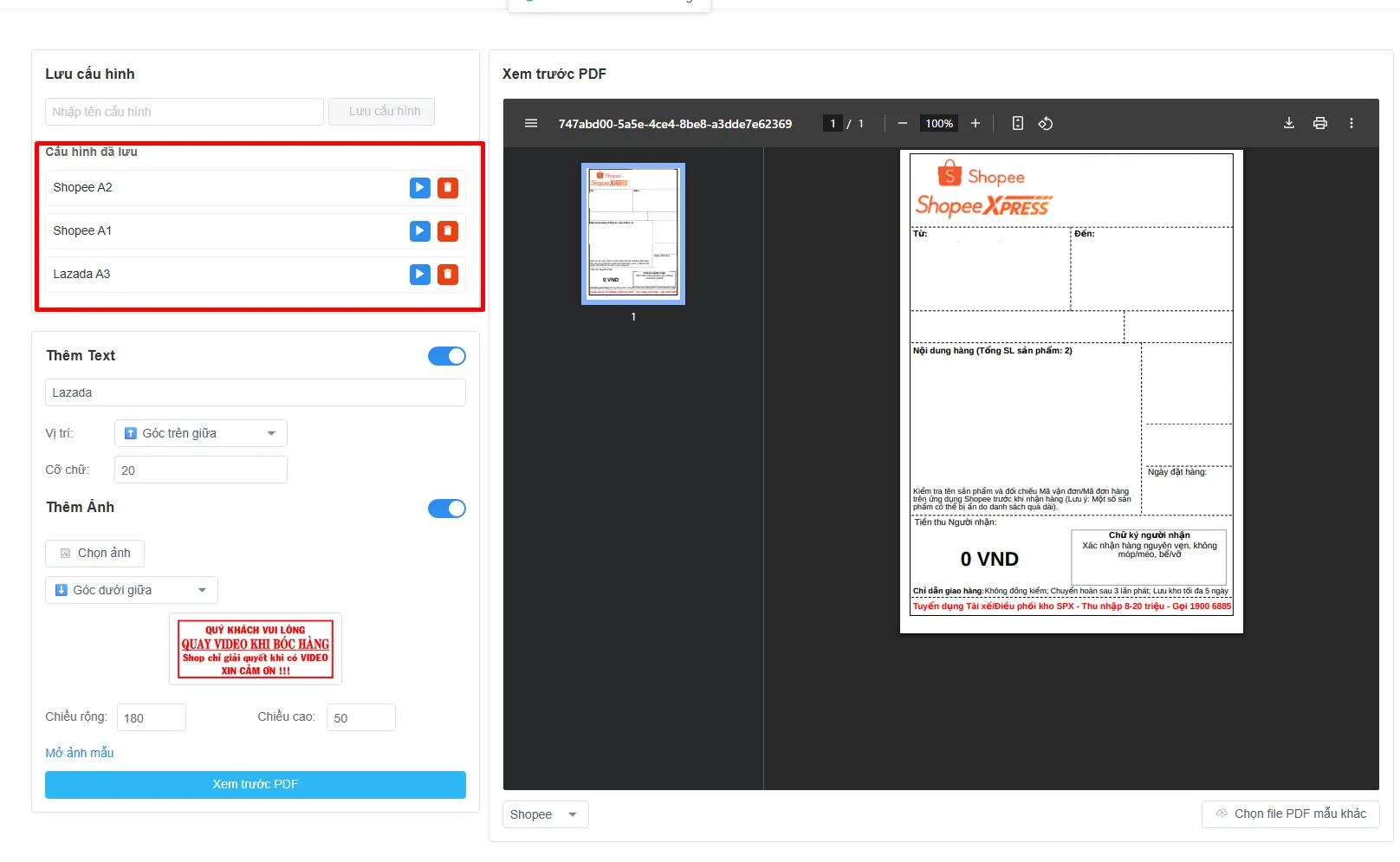 Danh sách cấu hình mẫu in đã lưu cho từng sàn Shopee và Lazada