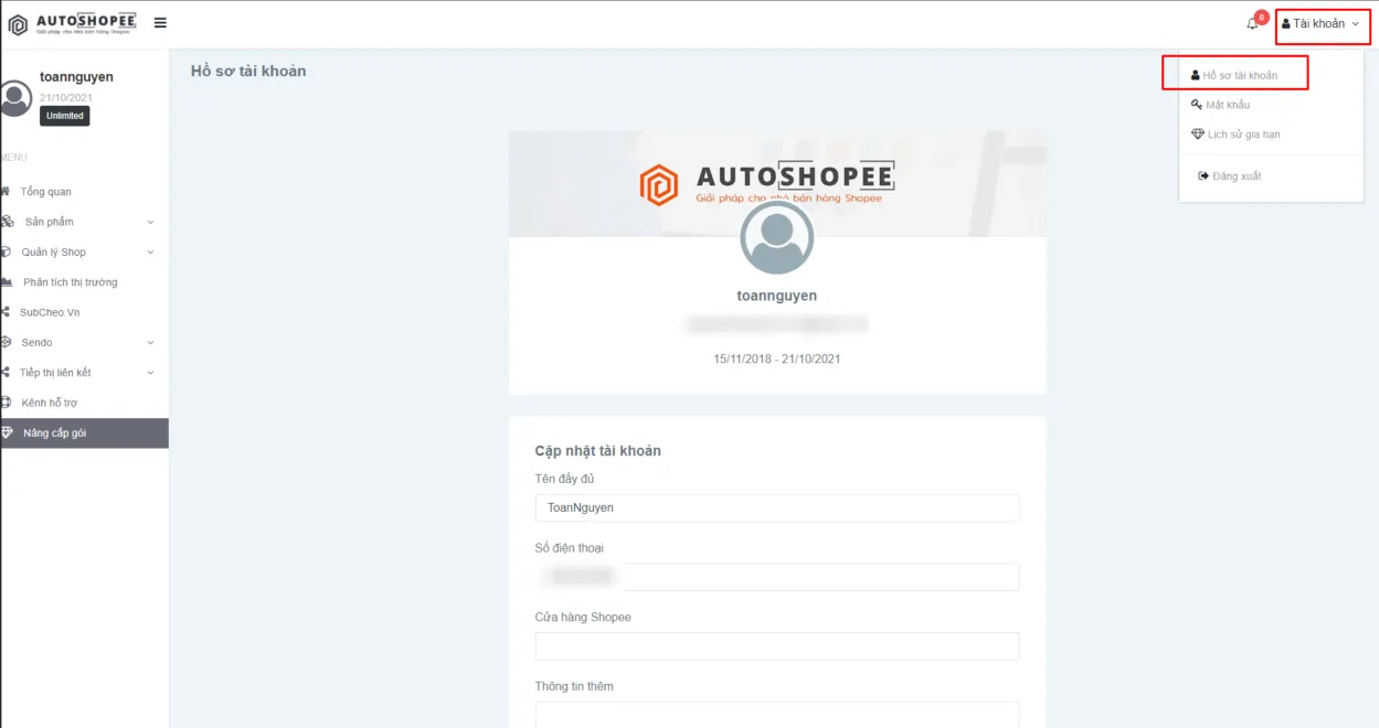 Truy cập mục Tài Khoản chọn Hồ sơ tài khoản trên AutoShopee