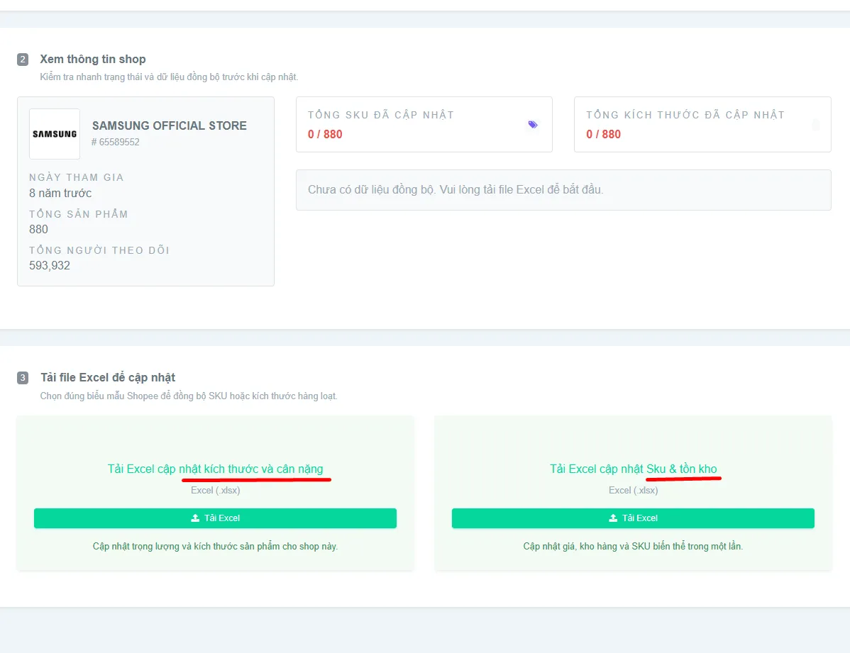 Tải lên file Excel cập nhật kích thước cân nặng và file SKU tồn kho