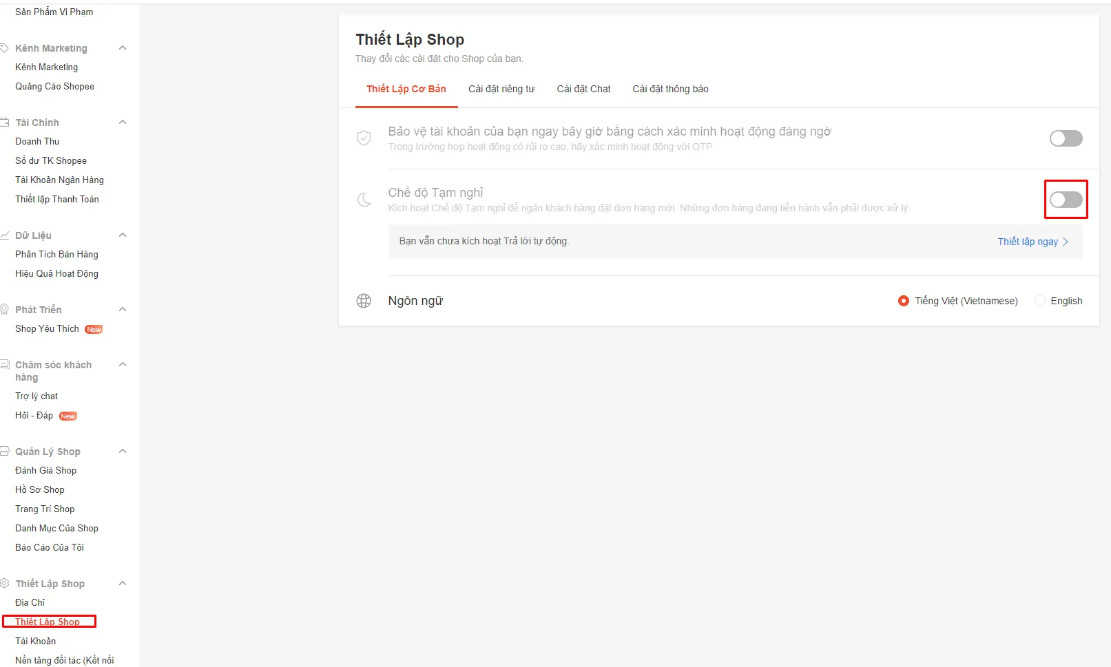 Tắt Chế độ Tạm nghỉ trong Thiết Lập Shop trên Shopee