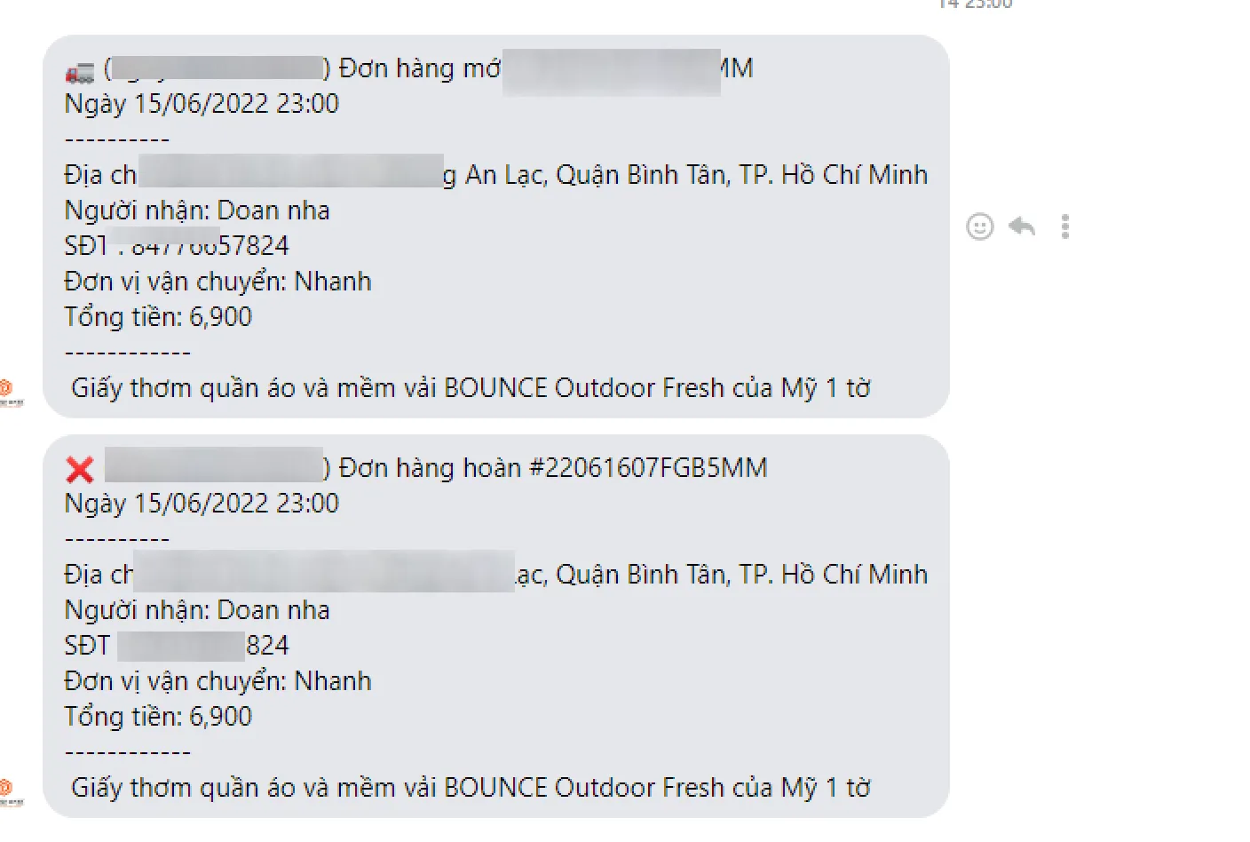 Thông báo đơn hàng mới hiển thị chi tiết trên ứng dụng chat
