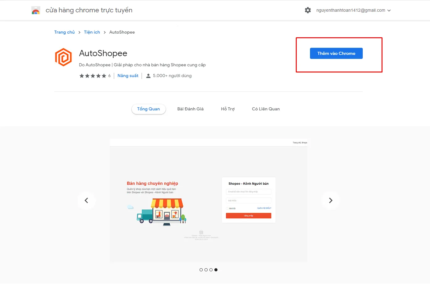 Bấm nút Thêm vào Chrome để cài đặt tiện ích AutoShopee Kit