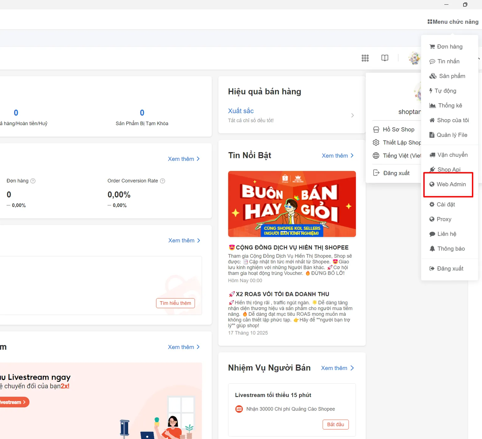 Menu chức năng > Web Admin trên phần mềm ShopManager