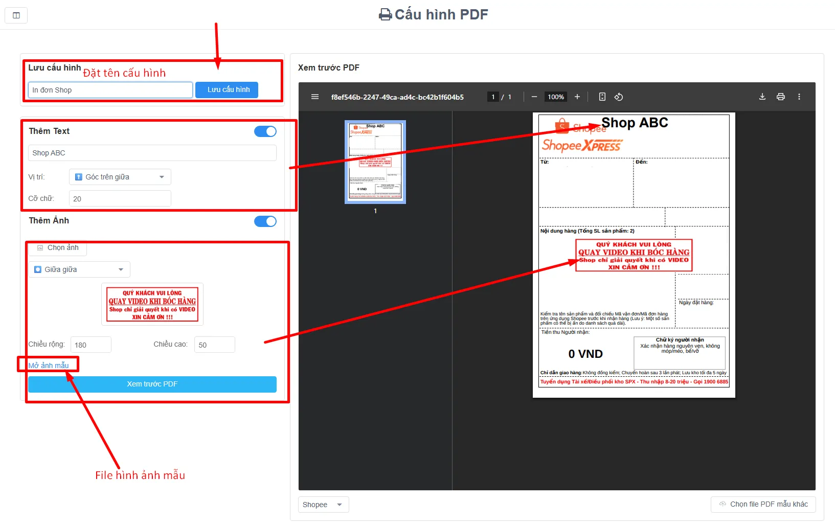 Cấu hình vị trí kích thước text và hình ảnh mẫu in PDF kèm nút Mở ảnh mẫu