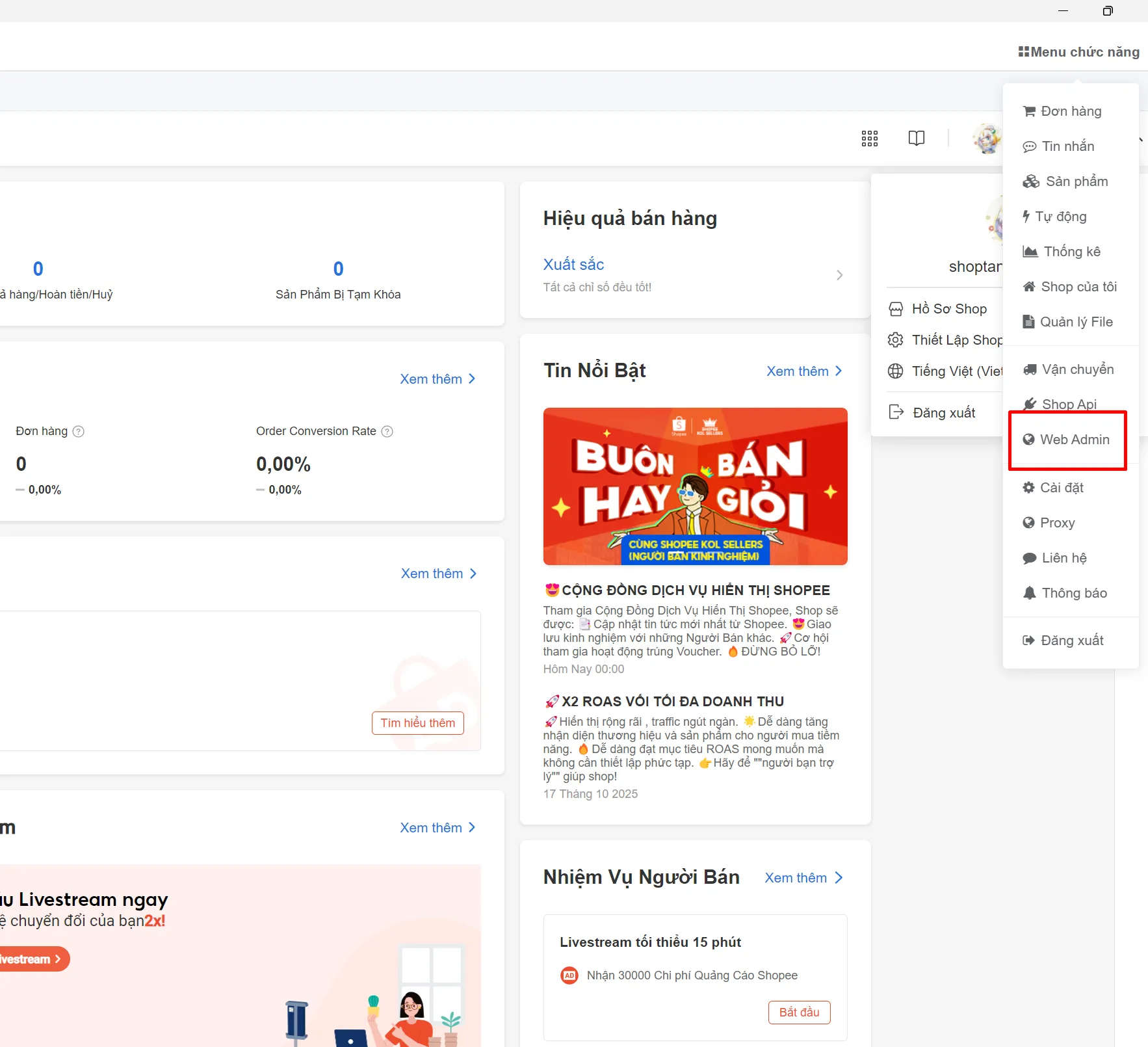 Menu chức năng > Web Admin trên giao diện ShopManager