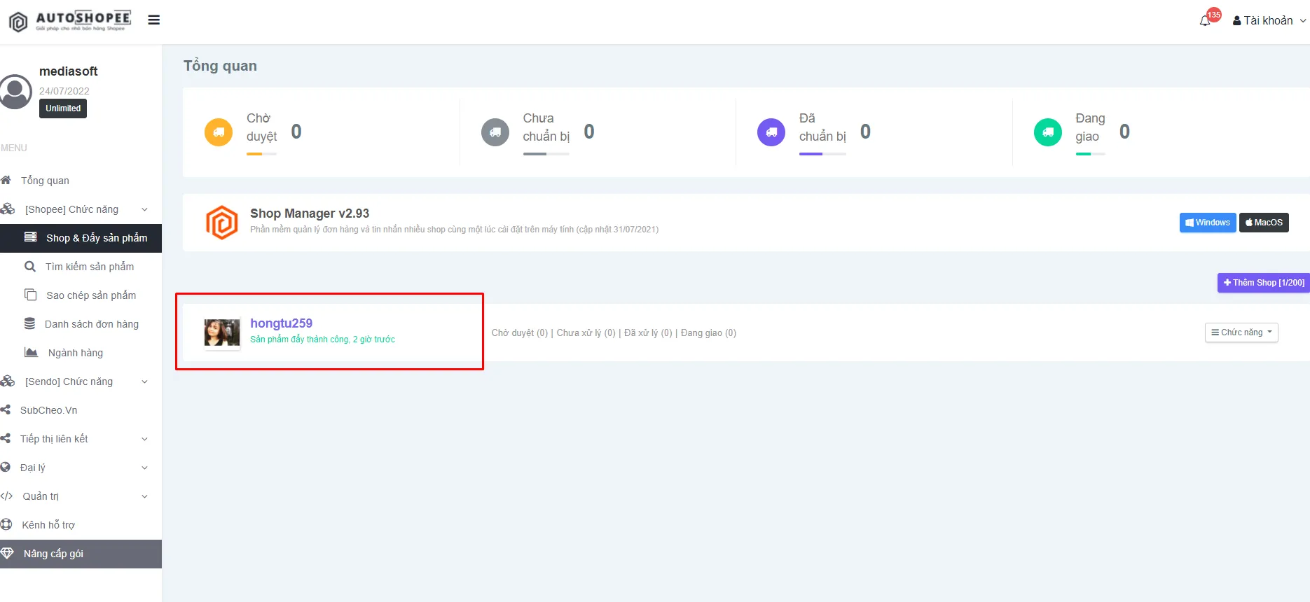 Giao diện quản lý thông báo đơn hàng yêu cầu thêm shop muốn nhận thông báo vào AutoShopee