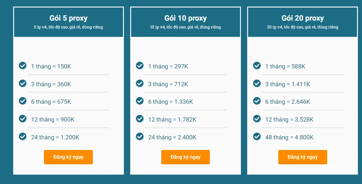 Bảng giá tham khảo các gói proxy IPv4 cá nhân tốc độ cao