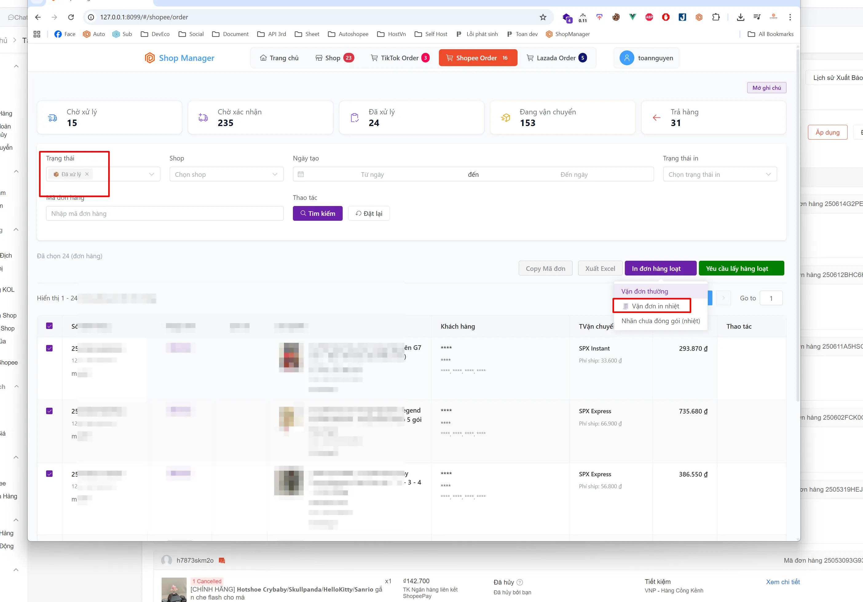 Tuỳ chọn in vận đơn nhiệt hoặc vận đơn thường cho Shopee