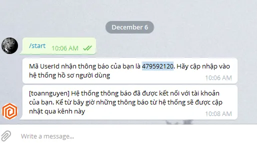 Hệ thống xác nhận kết nối Telegram thành công