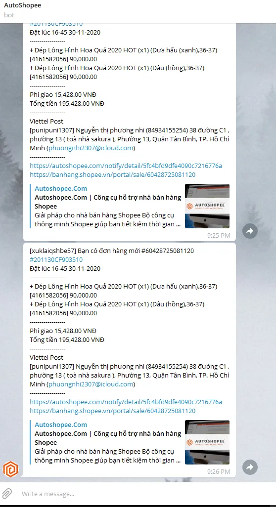 Tin nhắn thông báo đơn hàng Shopee mới phát sinh gửi về Telegram chi tiết