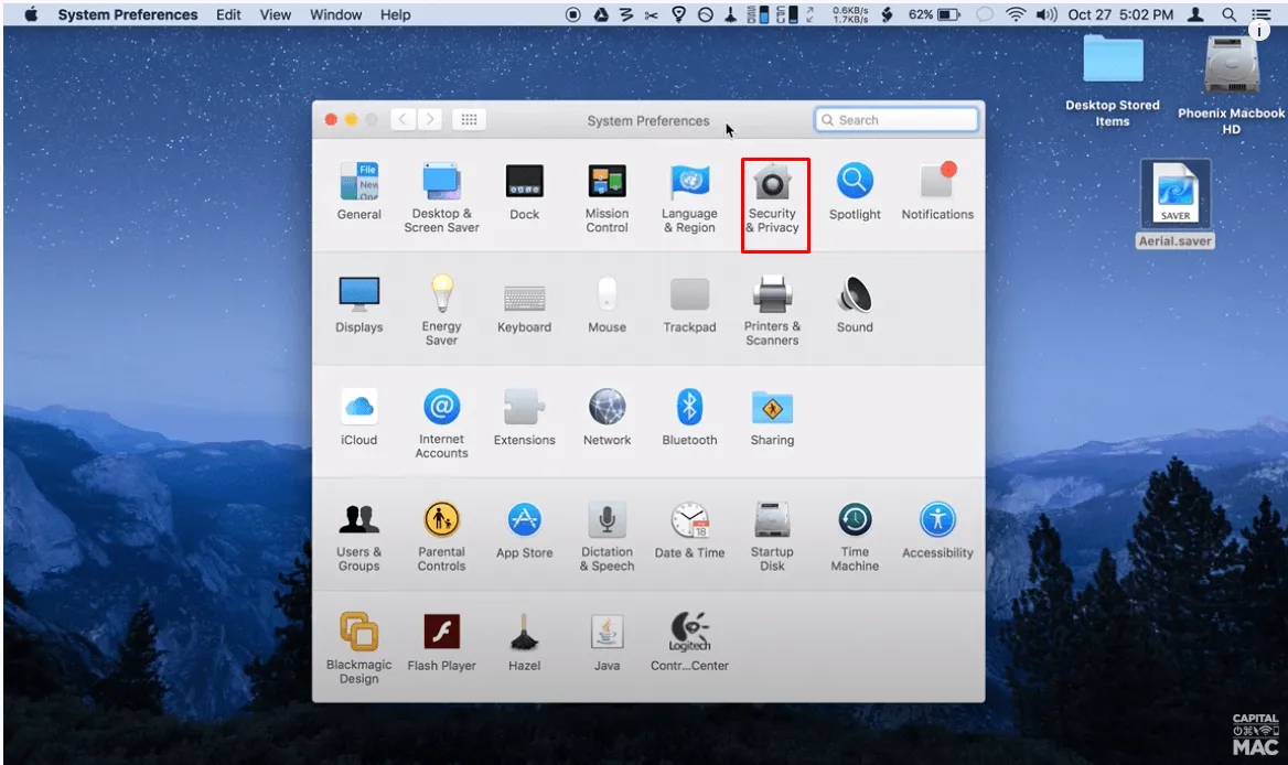 Chọn biểu tượng Security và Privacy trong System Preferences