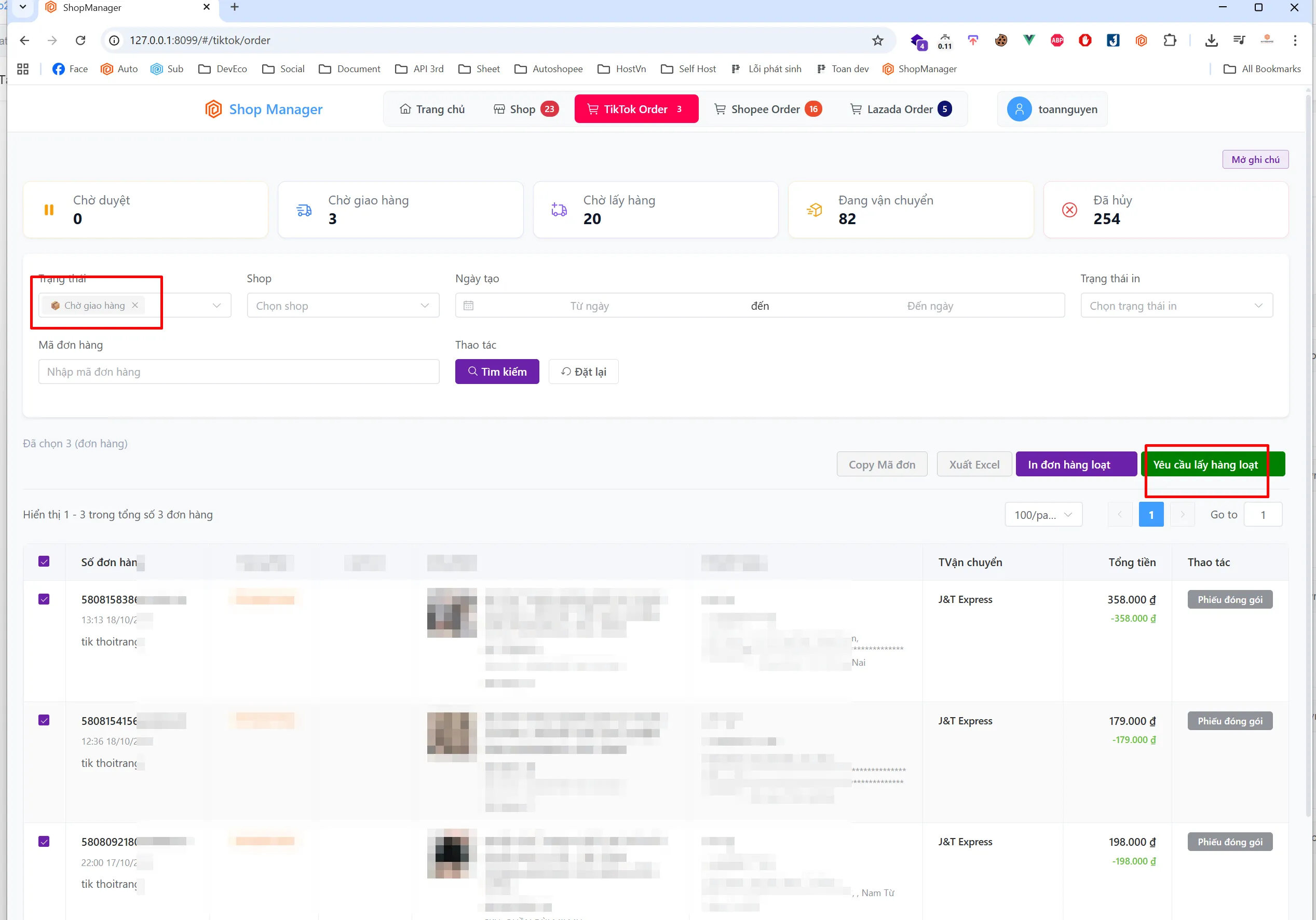 Danh sách đơn hàng TikTok Shop và nút Yêu cầu lấy hàng loạt