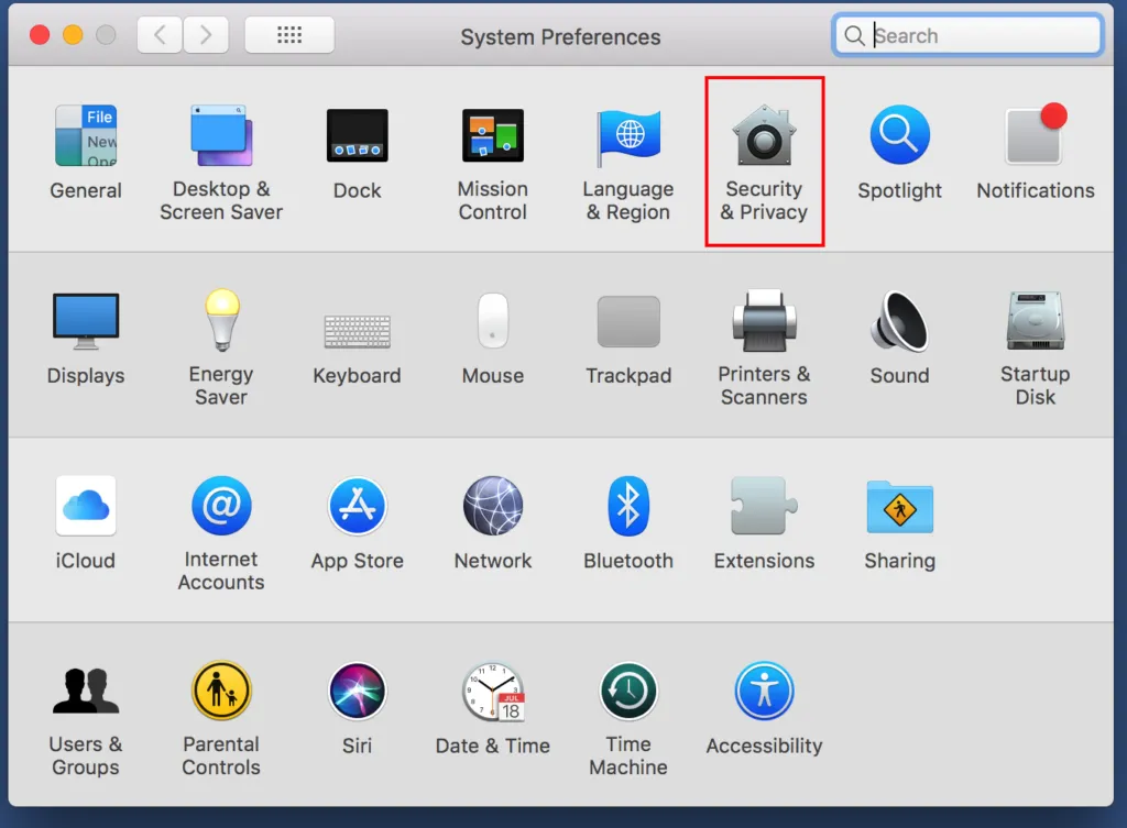 Chọn biểu tượng Security và Privacy trong System Preferences
