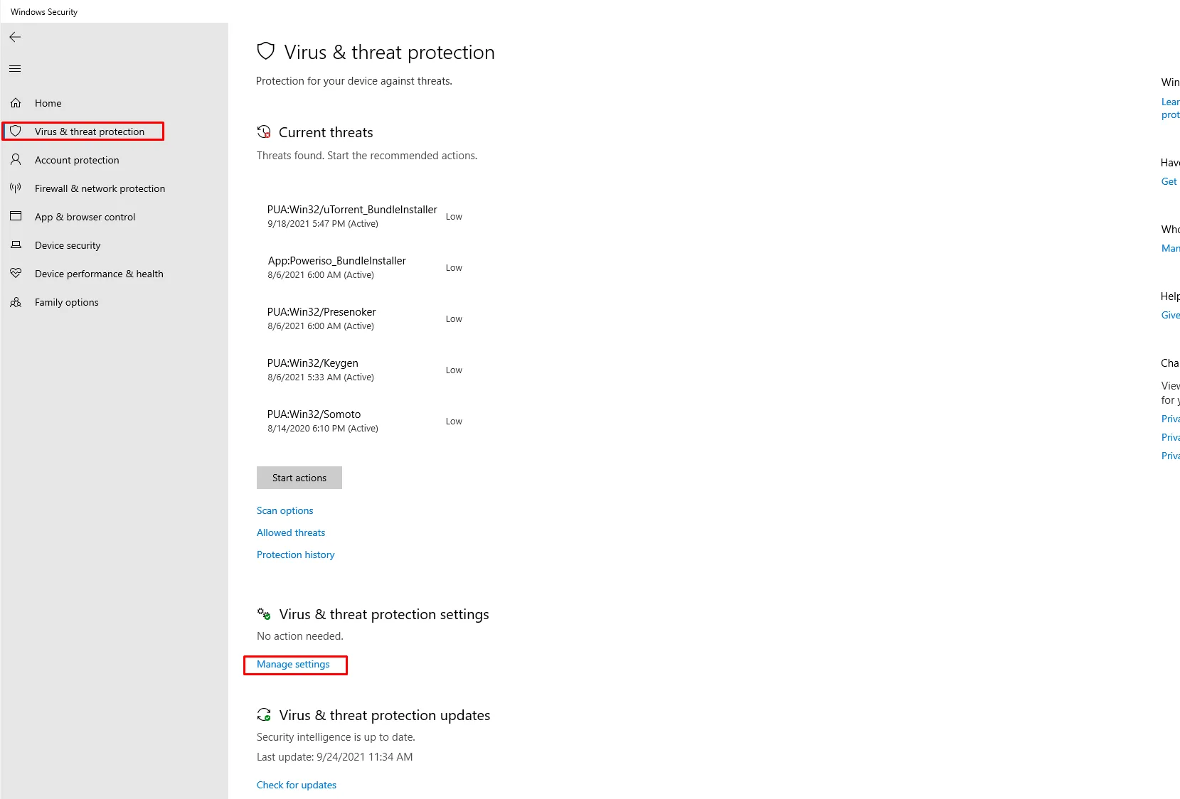Mở Windows Security vào mục Virus & threat protection và bấm Manage settings