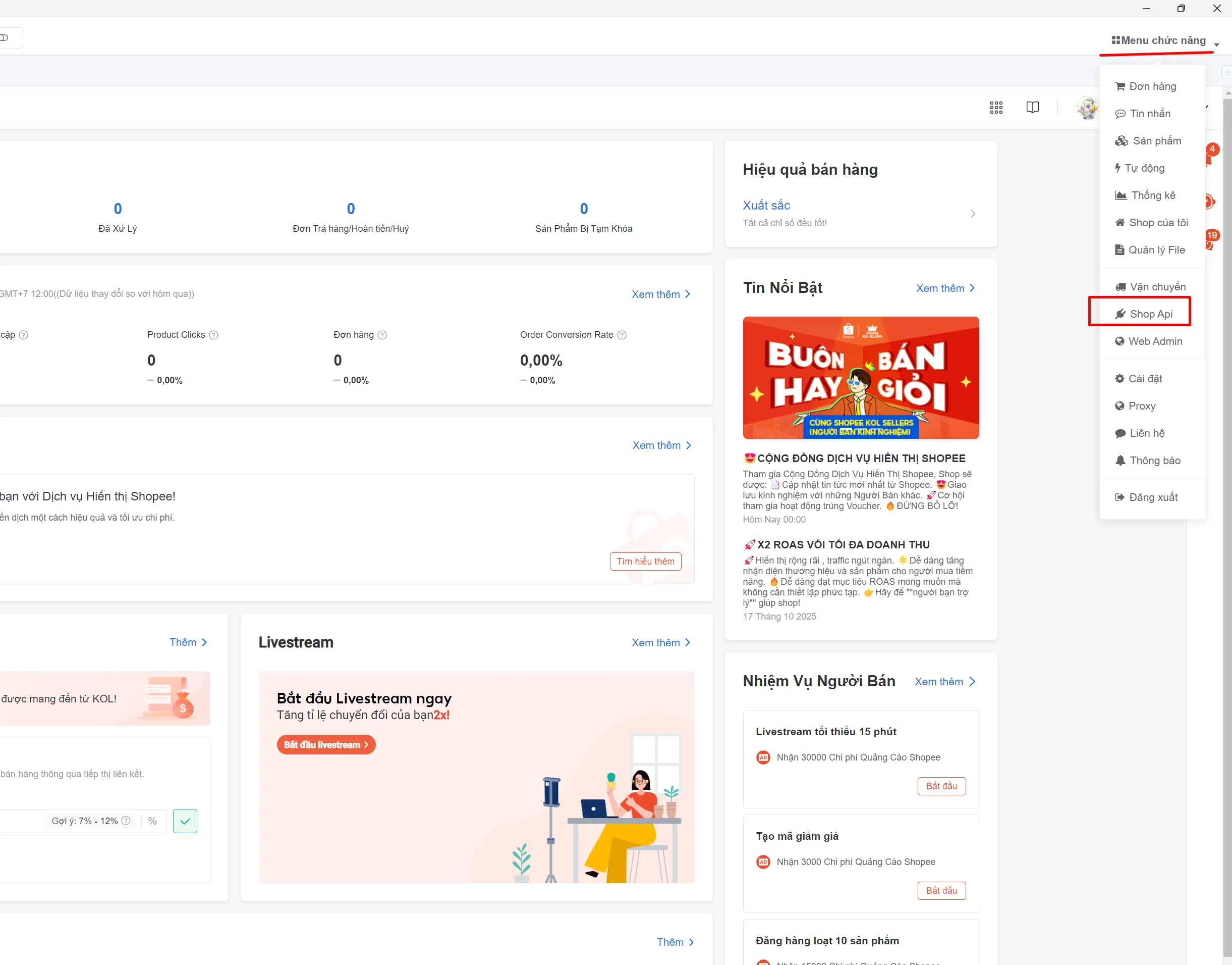Menu chức năng > Shop Api trên giao diện ShopManager