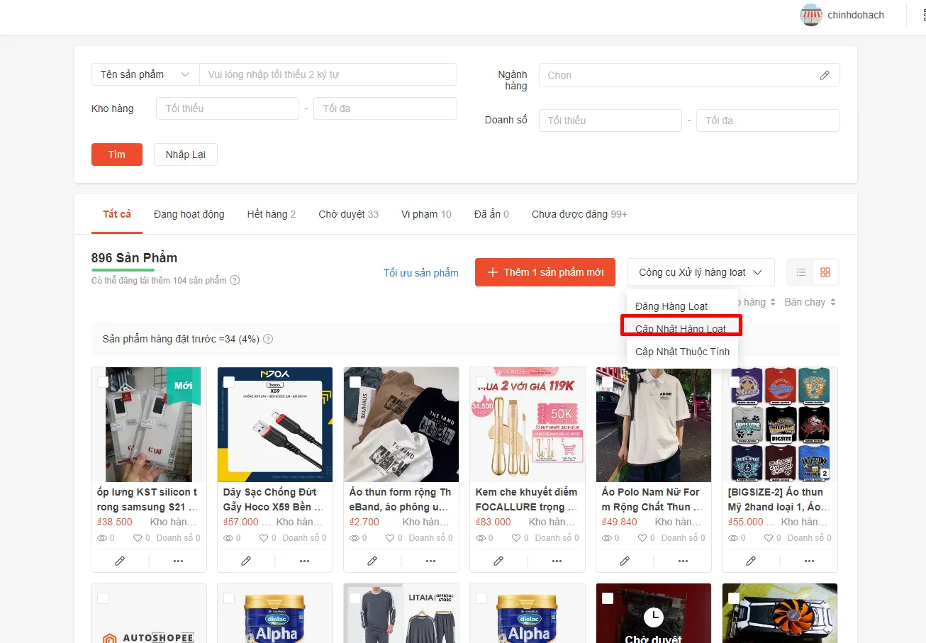 Kênh người bán Shopee vào Công cụ Xử lý hàng loạt chọn Cập Nhật Hàng Loạt