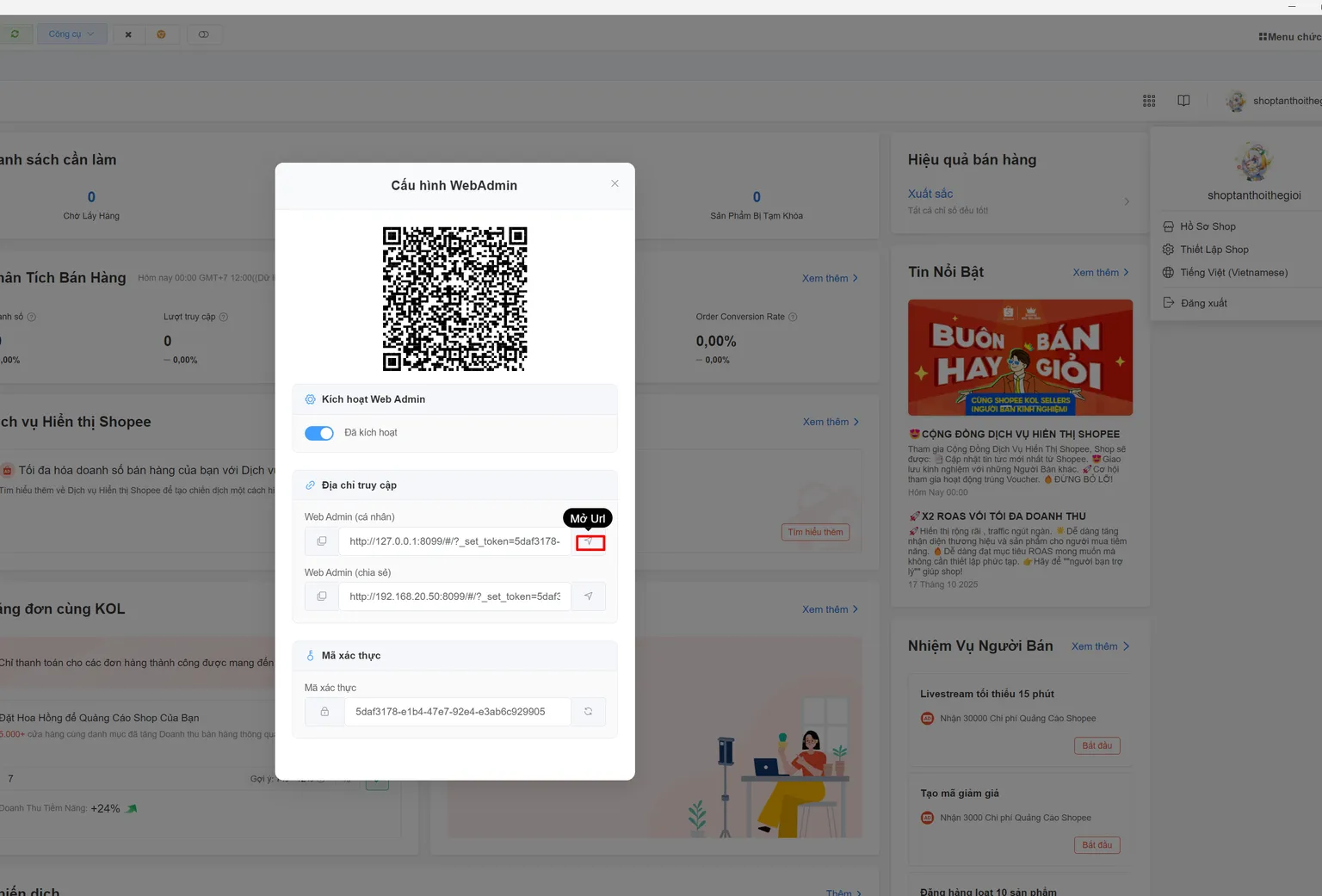 Nhấn Mở url để mở giao diện quản trị đơn hàng trên trình duyệt
