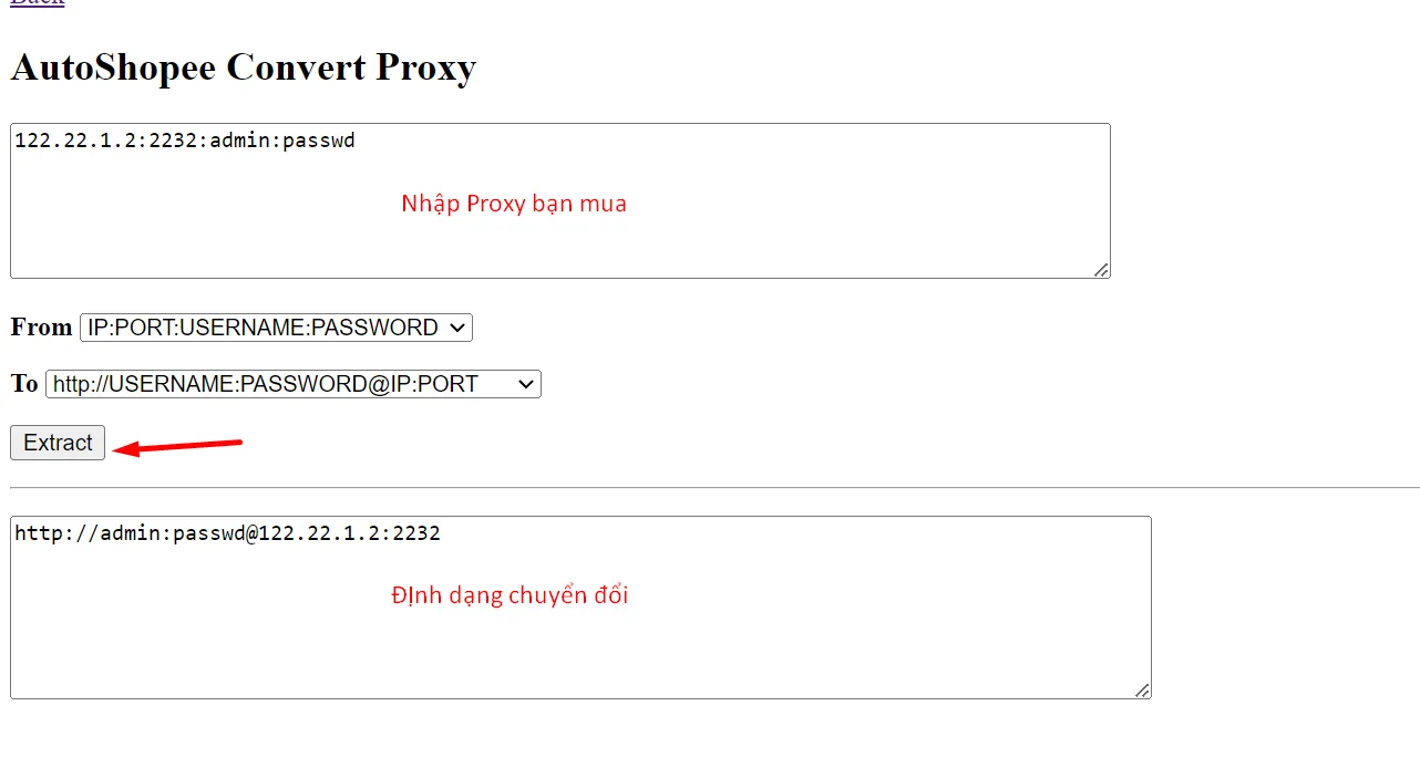 Giao diện công cụ chuyển đổi định dạng Convert Proxy của AutoShopee