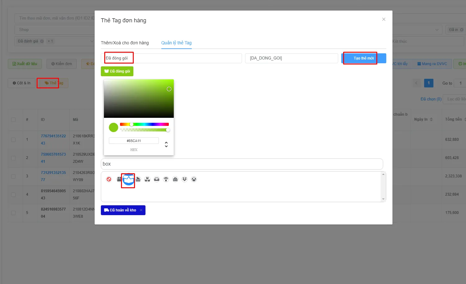 Menu Đơn hàng > Thẻ Tag > Tab quản lý tạo thẻ tag mới