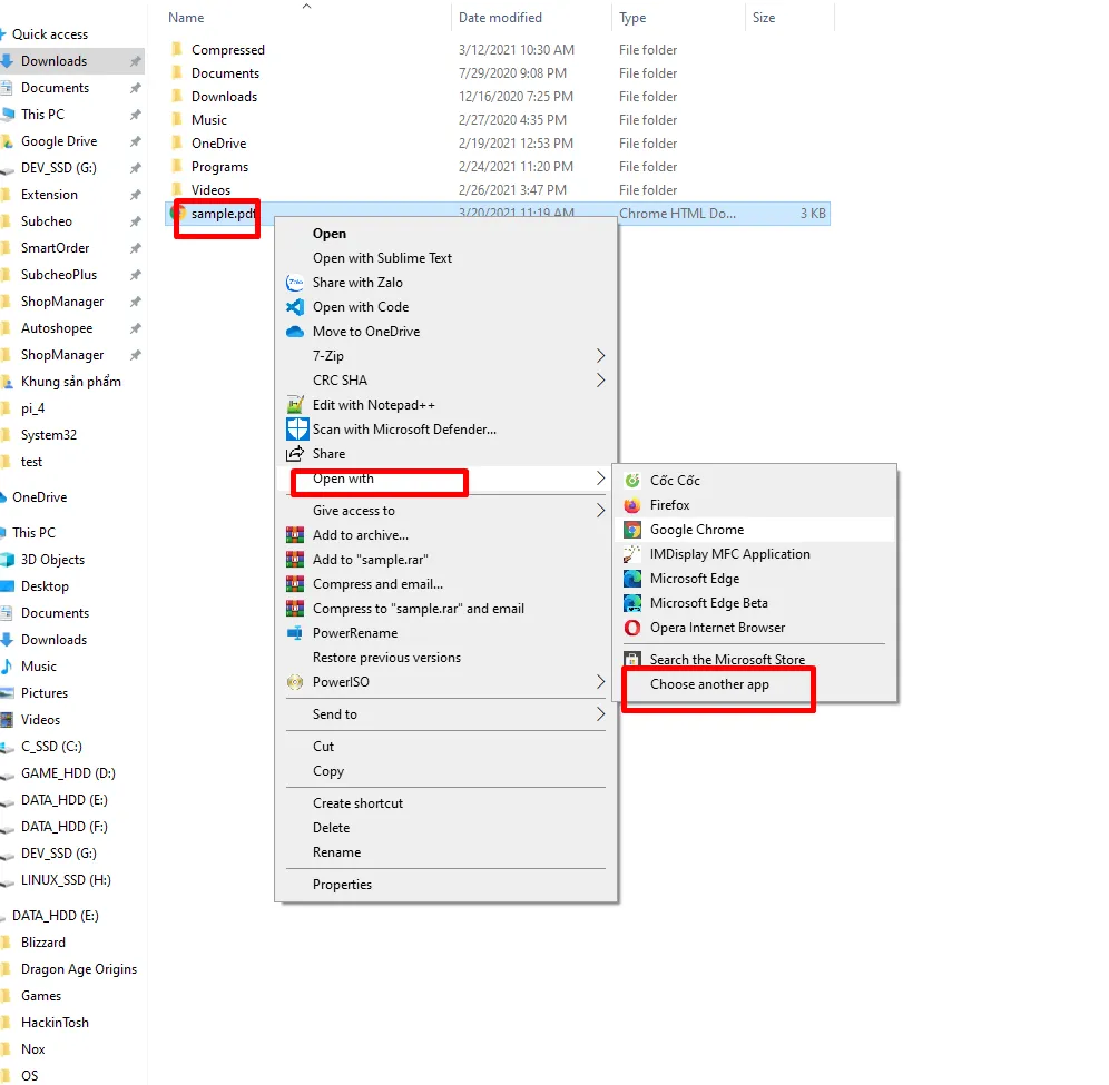 Nhấp chuột phải vào file PDF chọn Open with rồi Choose another app
