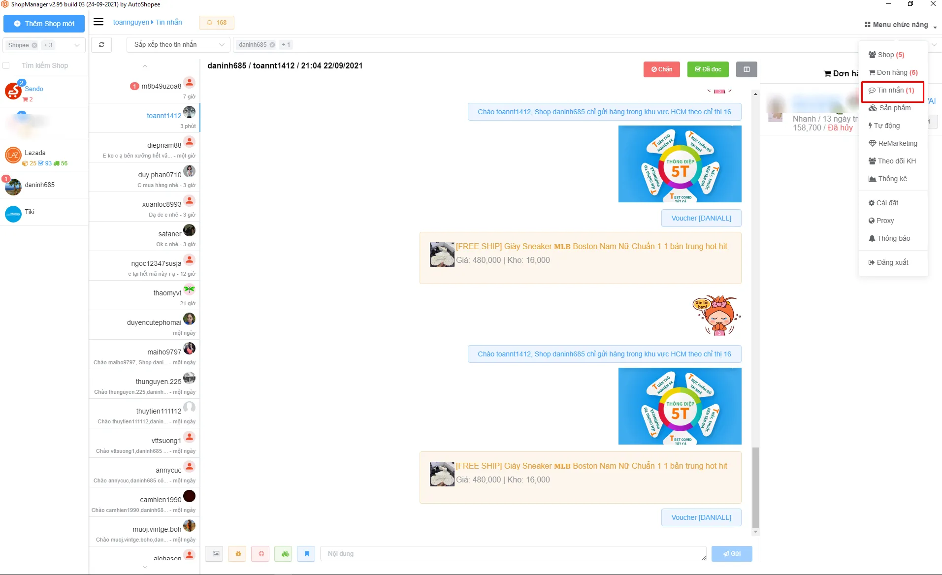 Giao diện gộp chat tập trung nhiều shop trên phần mềm ShopManager