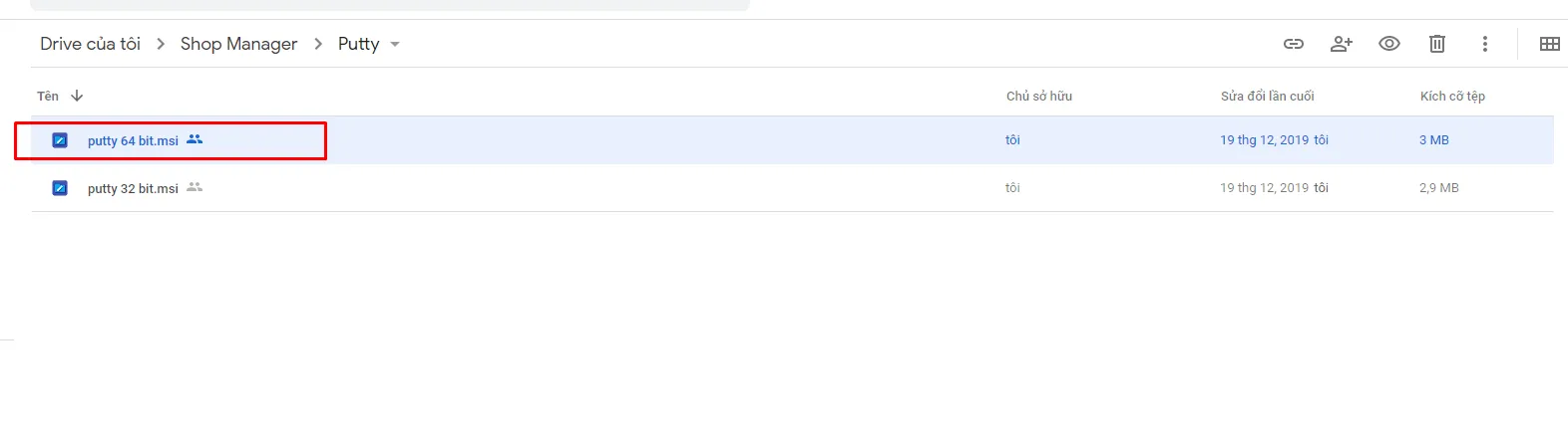 Chọn tải file cài đặt PuTTY 64 bit từ Google Drive