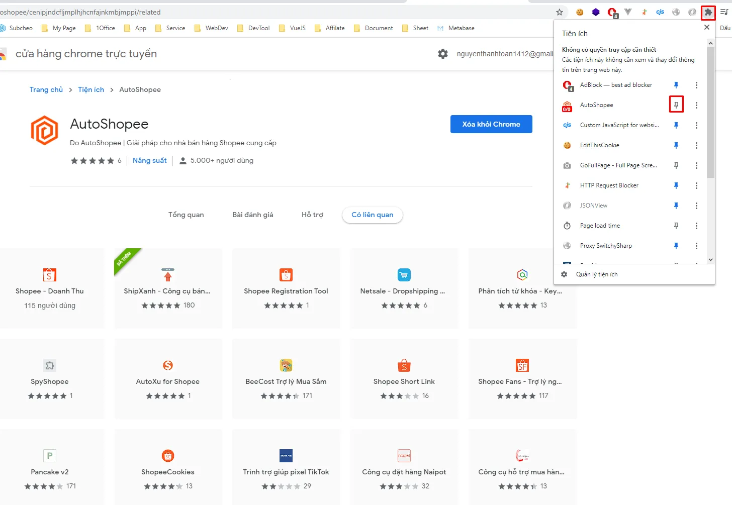 Bấm vào biểu tượng tiện ích trên Chrome và ghim AutoShopee ra thanh công cụ