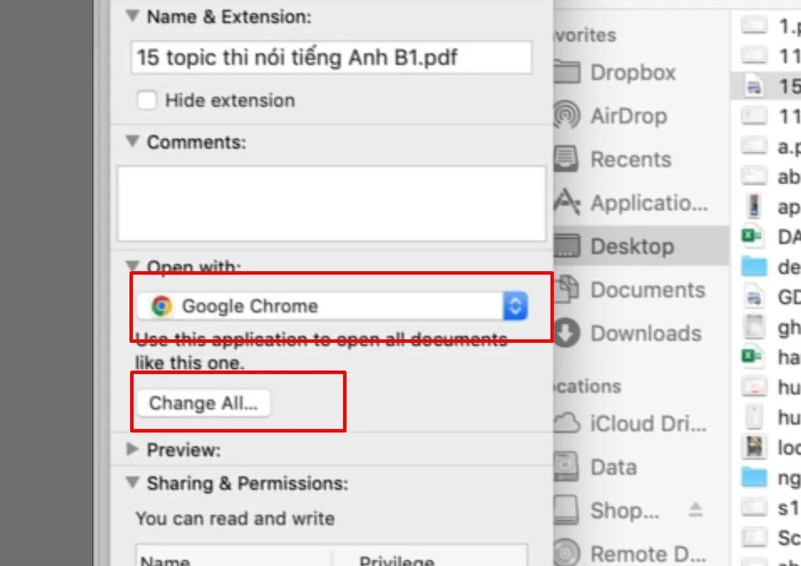 Mục Open with chọn Google Chrome và bấm Change All trên Mac