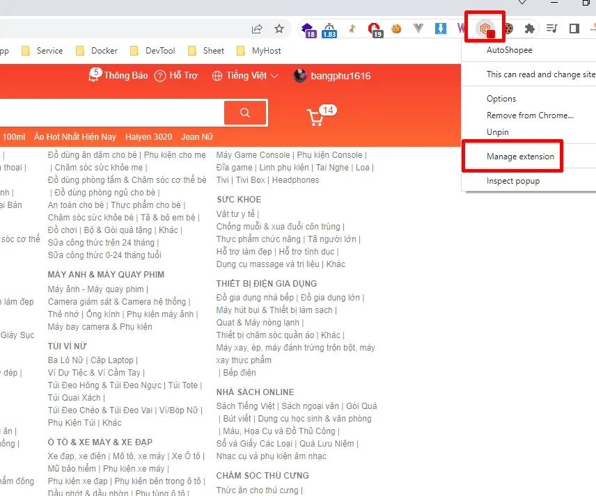 Nhấp chuột phải vào biểu tượng AutoShopee và chọn Manage extension