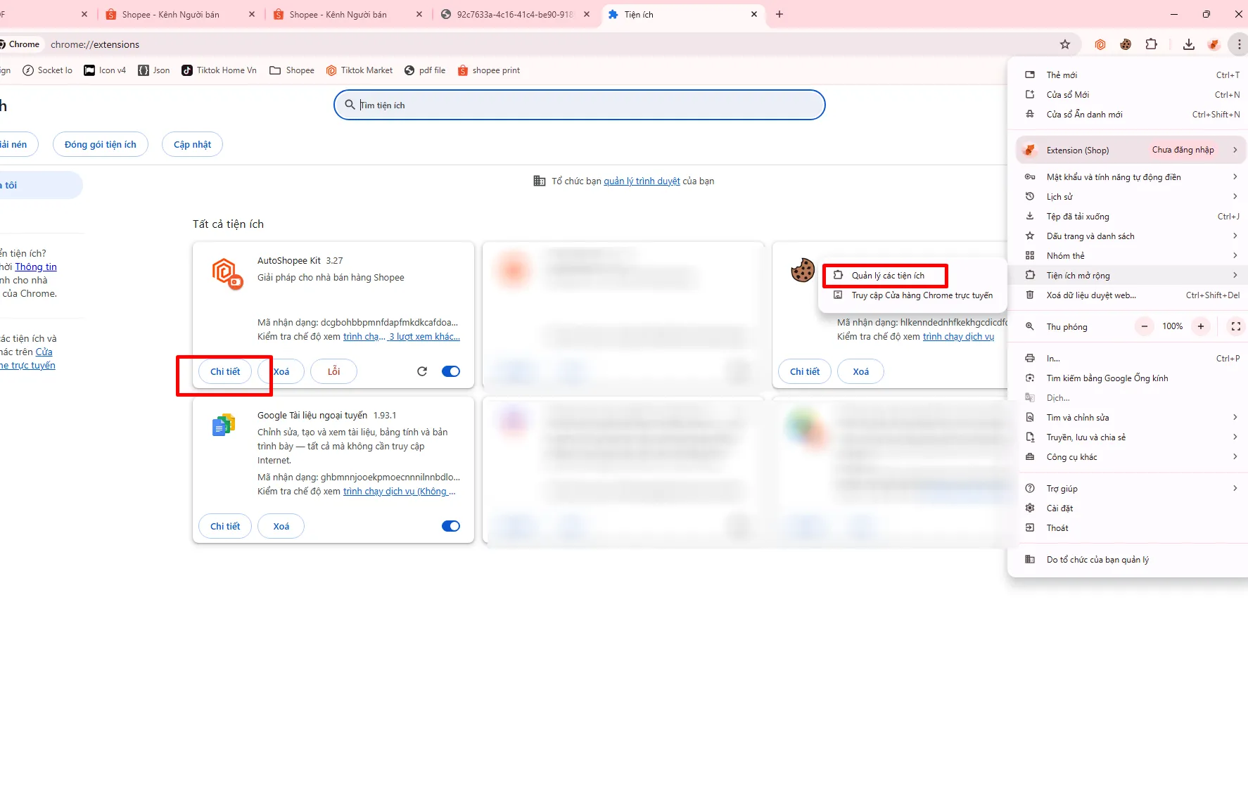 Mở trang Quản lý tiện ích trên trình duyệt và bấm Chi tiết tại AutoShopee Kit
