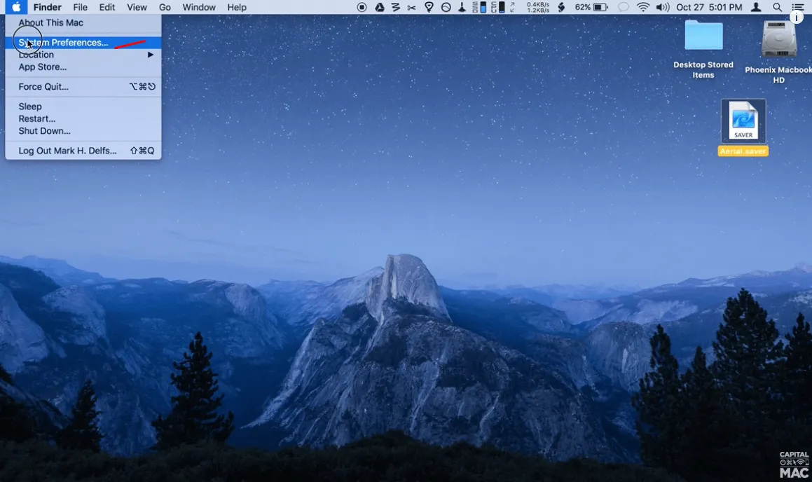 Mở System Preferences từ menu quả táo Apple trên máy Mac