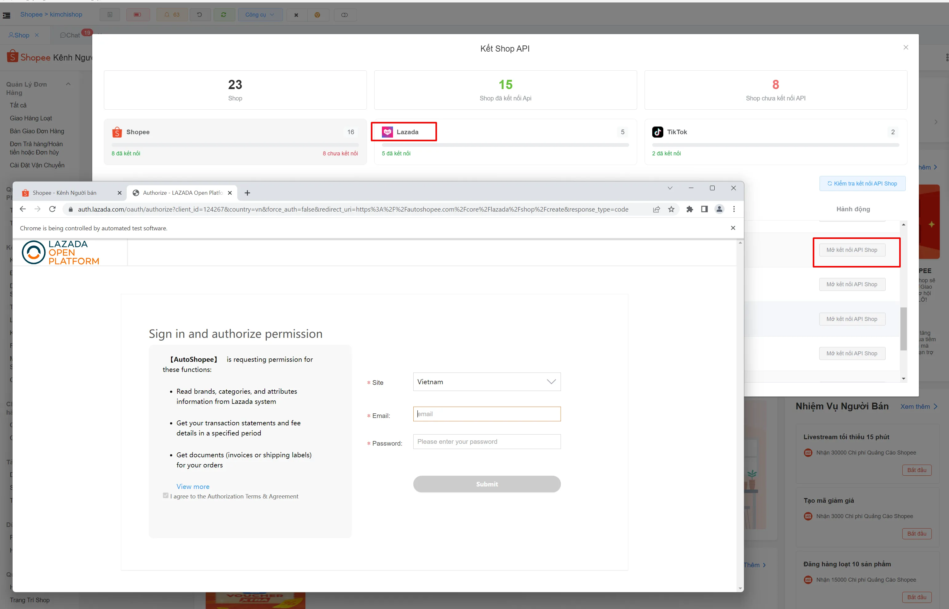 Màn hình đăng nhập uỷ quyền Lazada Open Platform chọn Việt Nam