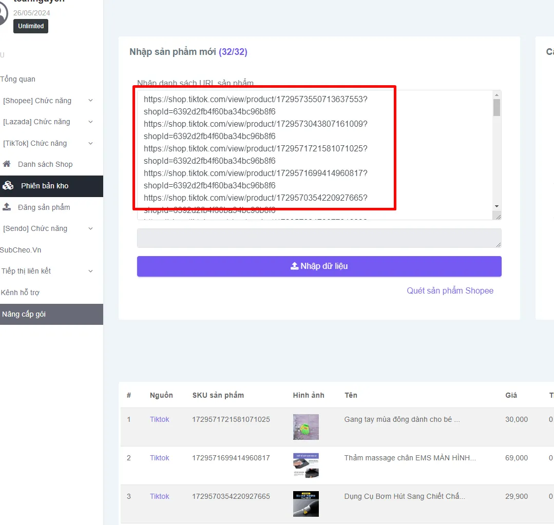 Dán link sản phẩm TikTok Shop vào ô nhập danh sách URL sản phẩm và bấm Nhập dữ liệu
