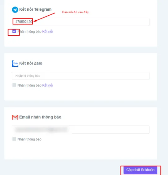 Dán mã thông báo Telegram vào ô cấu hình và bấm Lưu