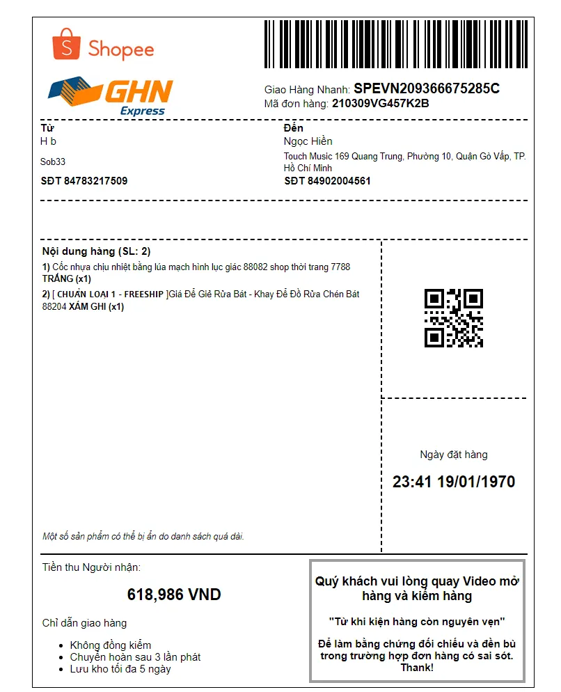 Ví dụ phiếu in đơn hiển thị rõ tên người nhận và tiền thu